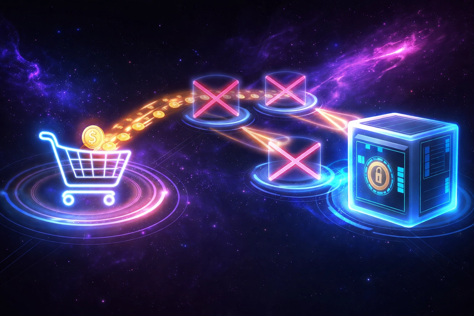 Visualization of digital tokens flowing from a shopping cart to a secure wallet, illustrating Larecoin’s frictionless and direct crypto payment processing without intermediaries.