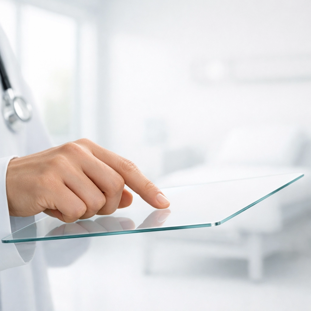 Healthcare professional using integrated digital technology in a modern clinic for efficient care.