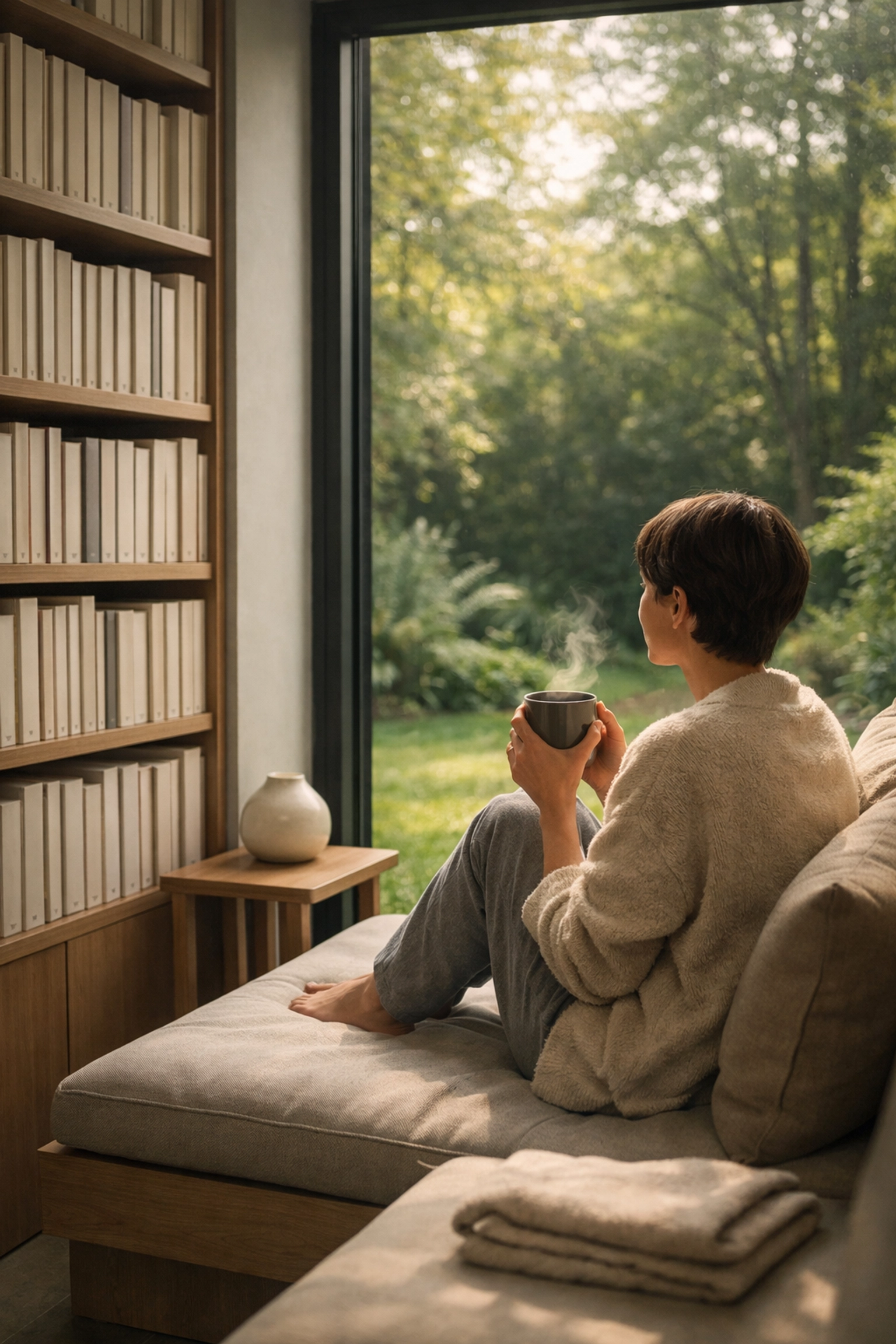 Minimalist reading nook showcasing the calm and mental clarity of a professionally organized home.