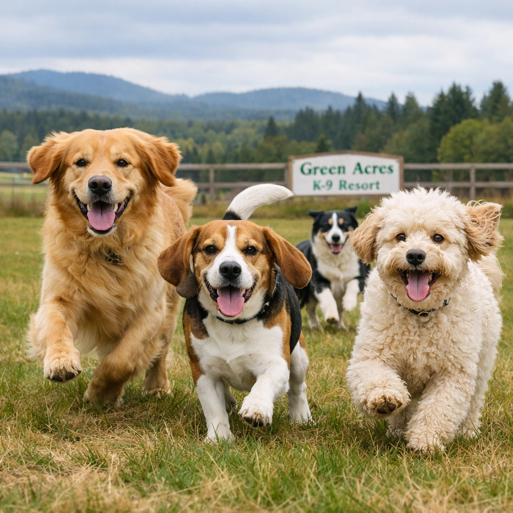 Social dogs playing together at Green Acres K-9 Resort for improved canine mental health.