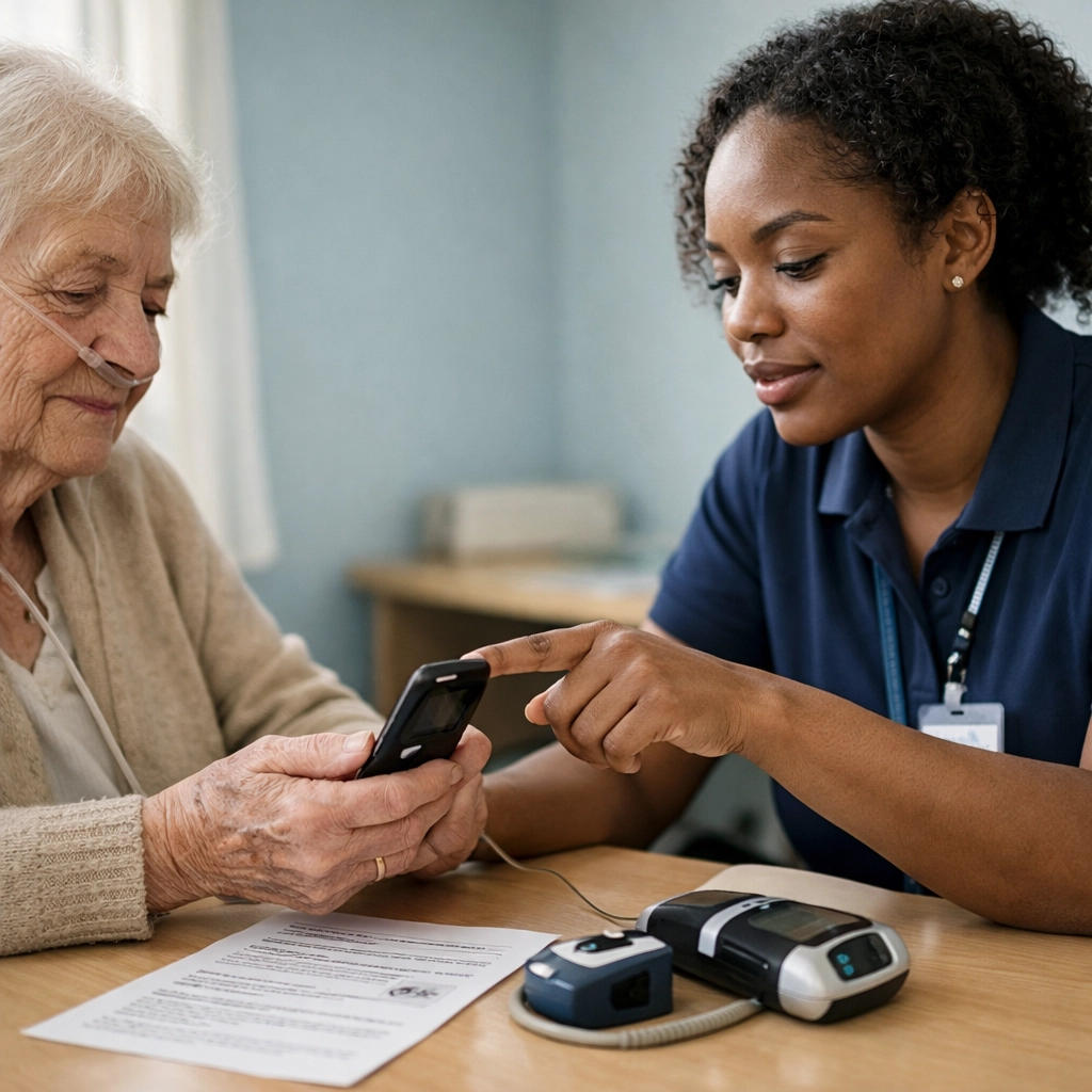 Digital navigator helping elderly COPD patient with remote monitoring technology at NHS clinic