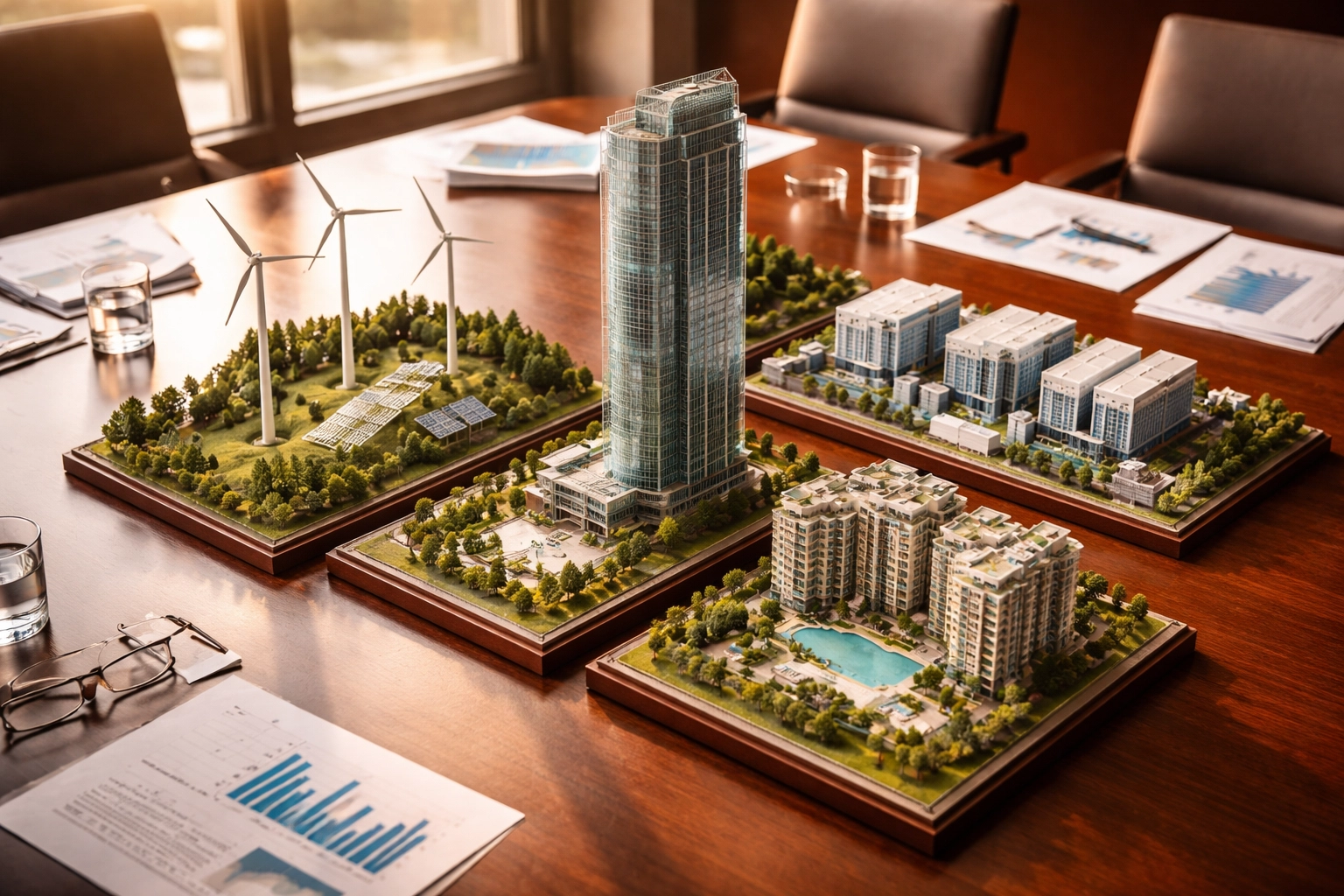 Diverse real estate and infrastructure investments displayed as models for alternative asset allocation strategy