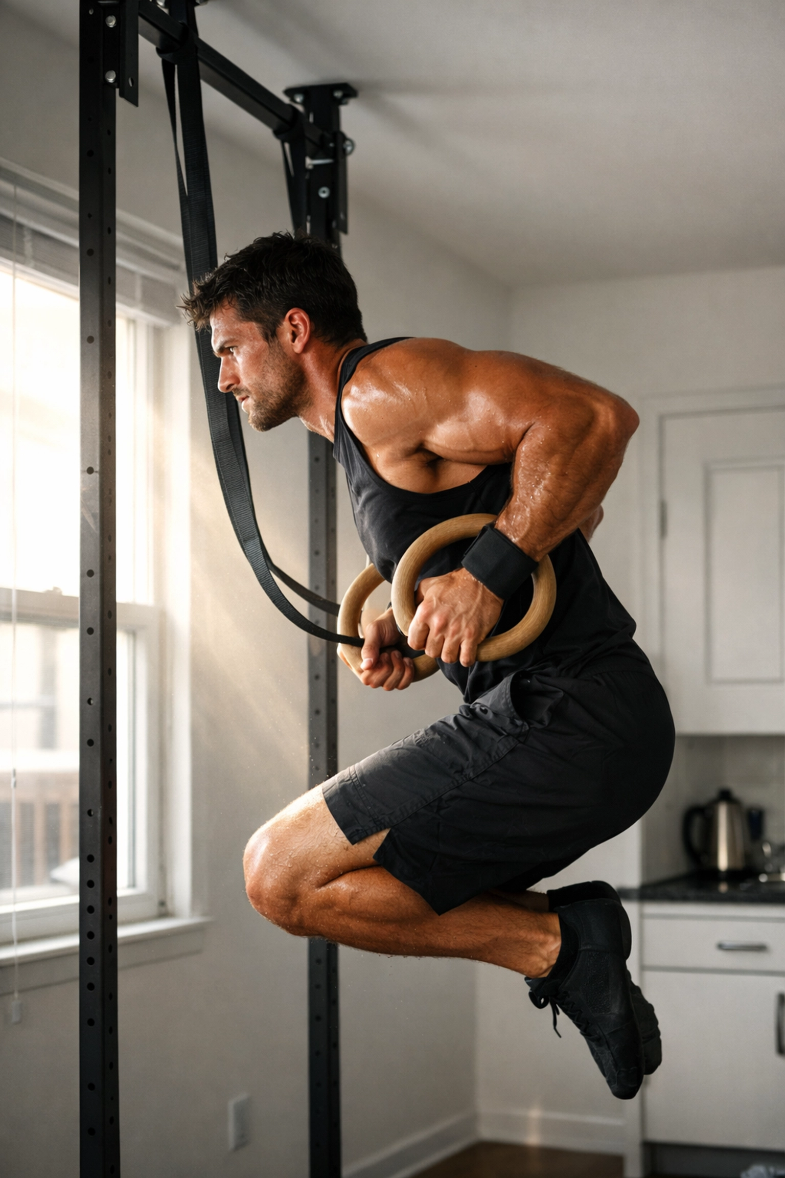 Athlete performing muscle-up on rings in apartment using no wall damage system