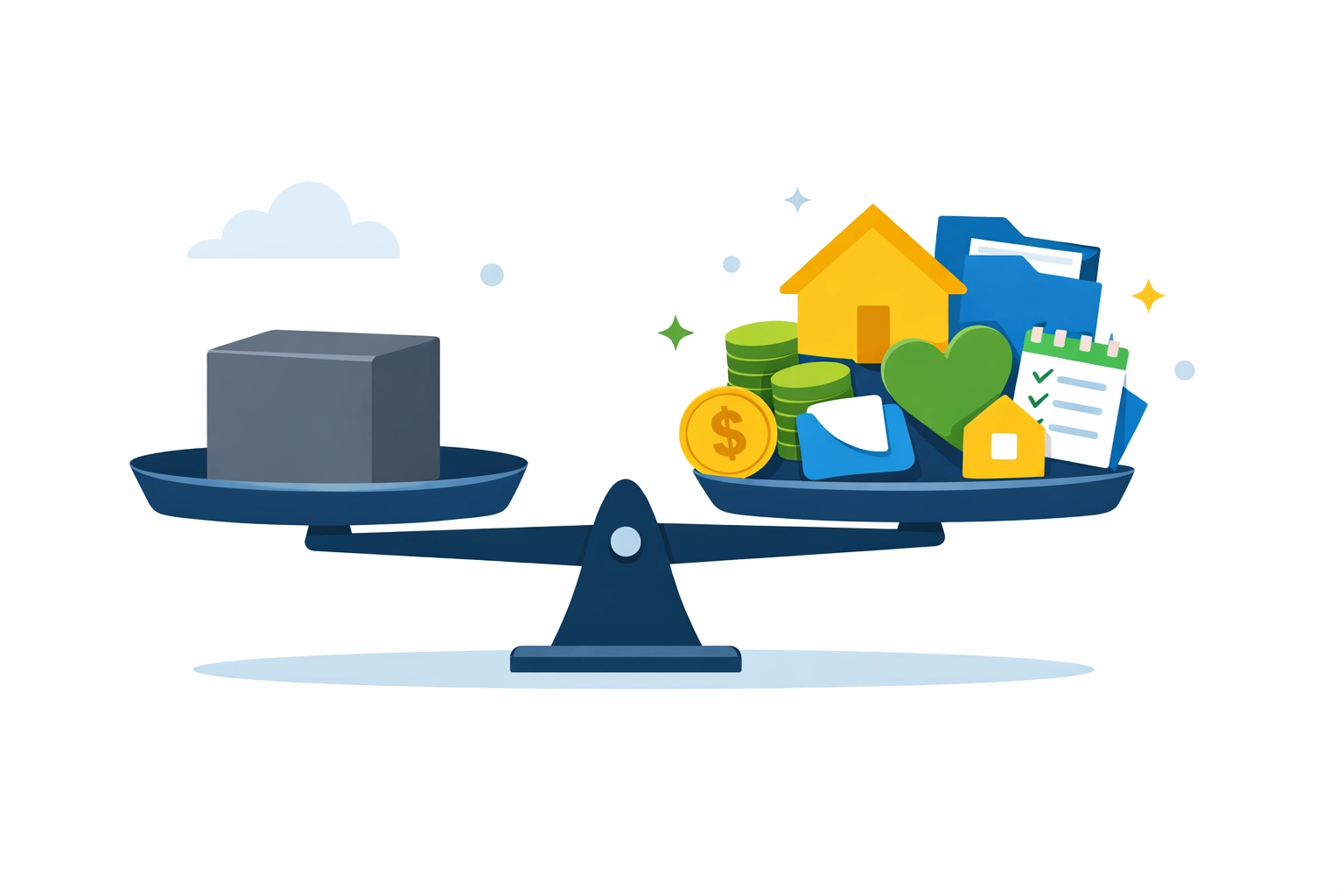 A scale comparing standard vs itemized deductions like mortgage interest and charitable gifts.