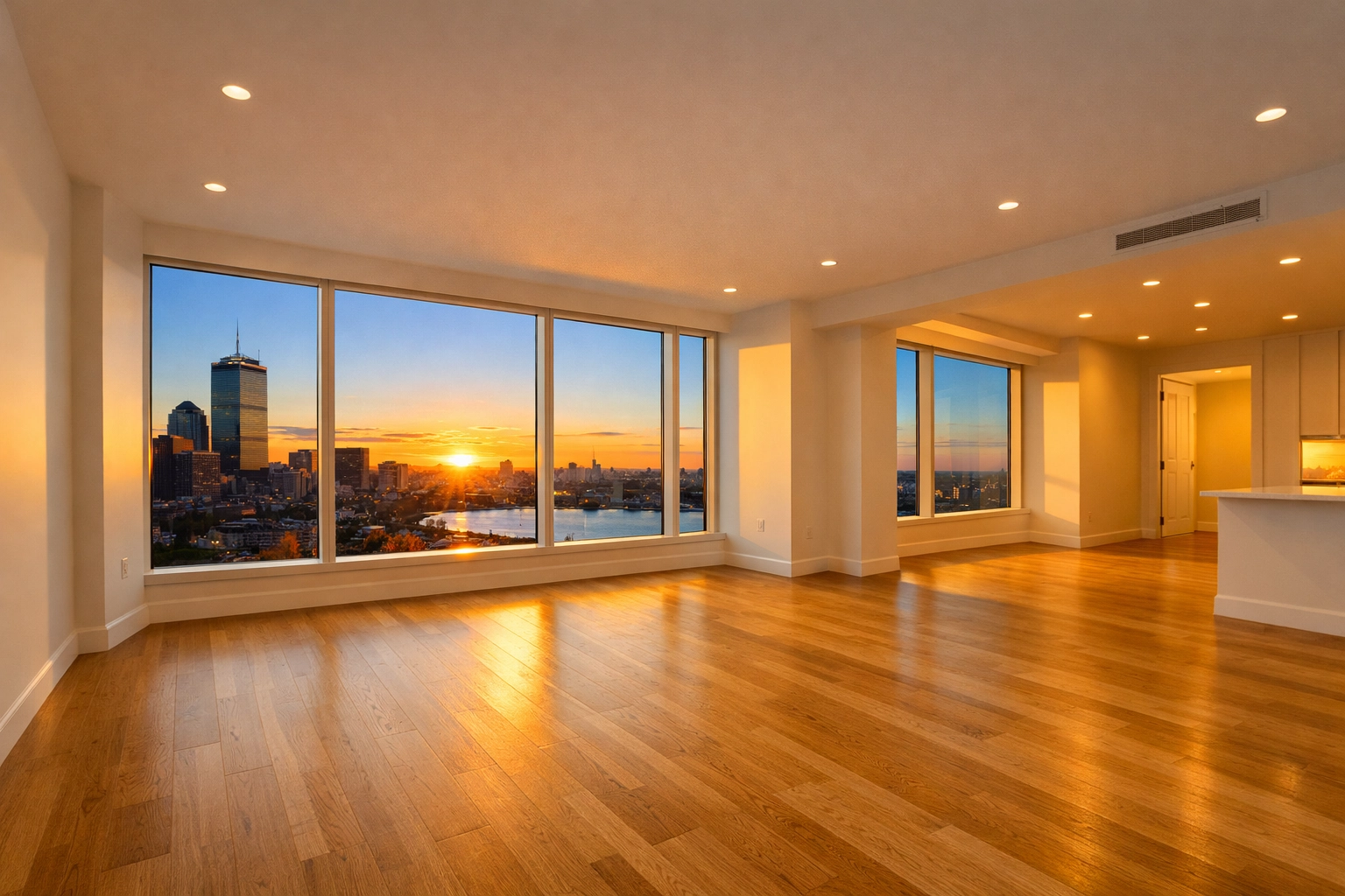 Spotless and empty Boston apartment at sunset, successfully prepared for inspection with professional move-out cleaning.