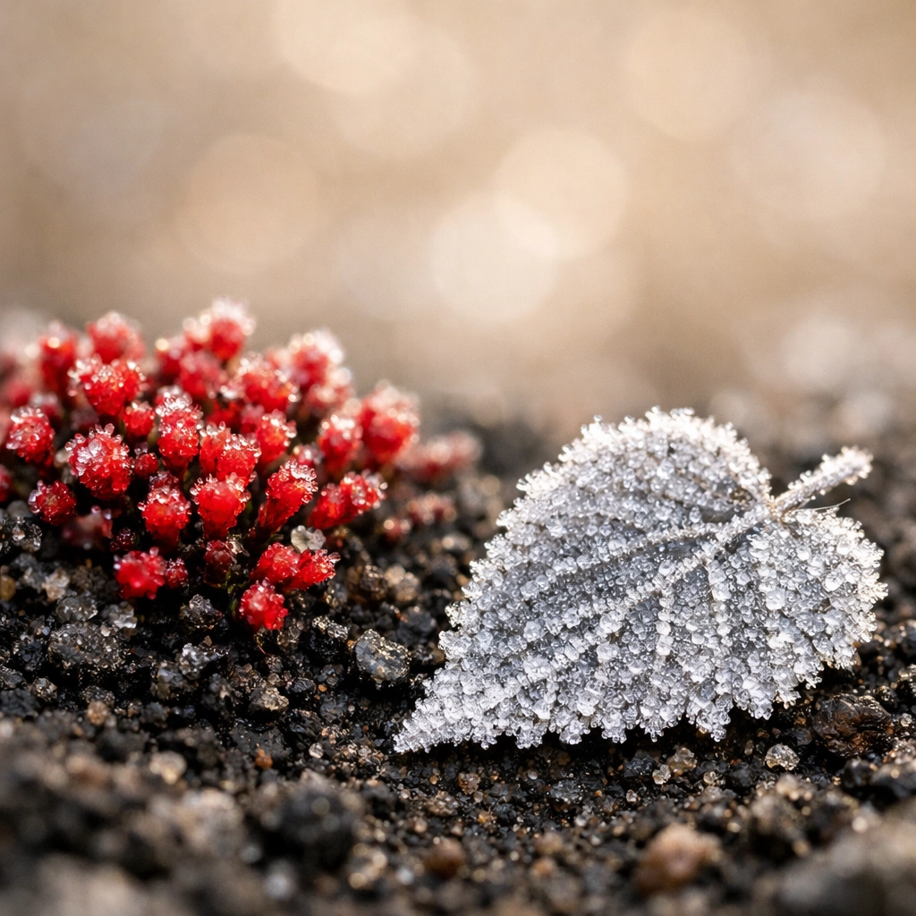 Macro shot of frost on a leaf, capturing intimate landscape photography details to avoid boring shots.