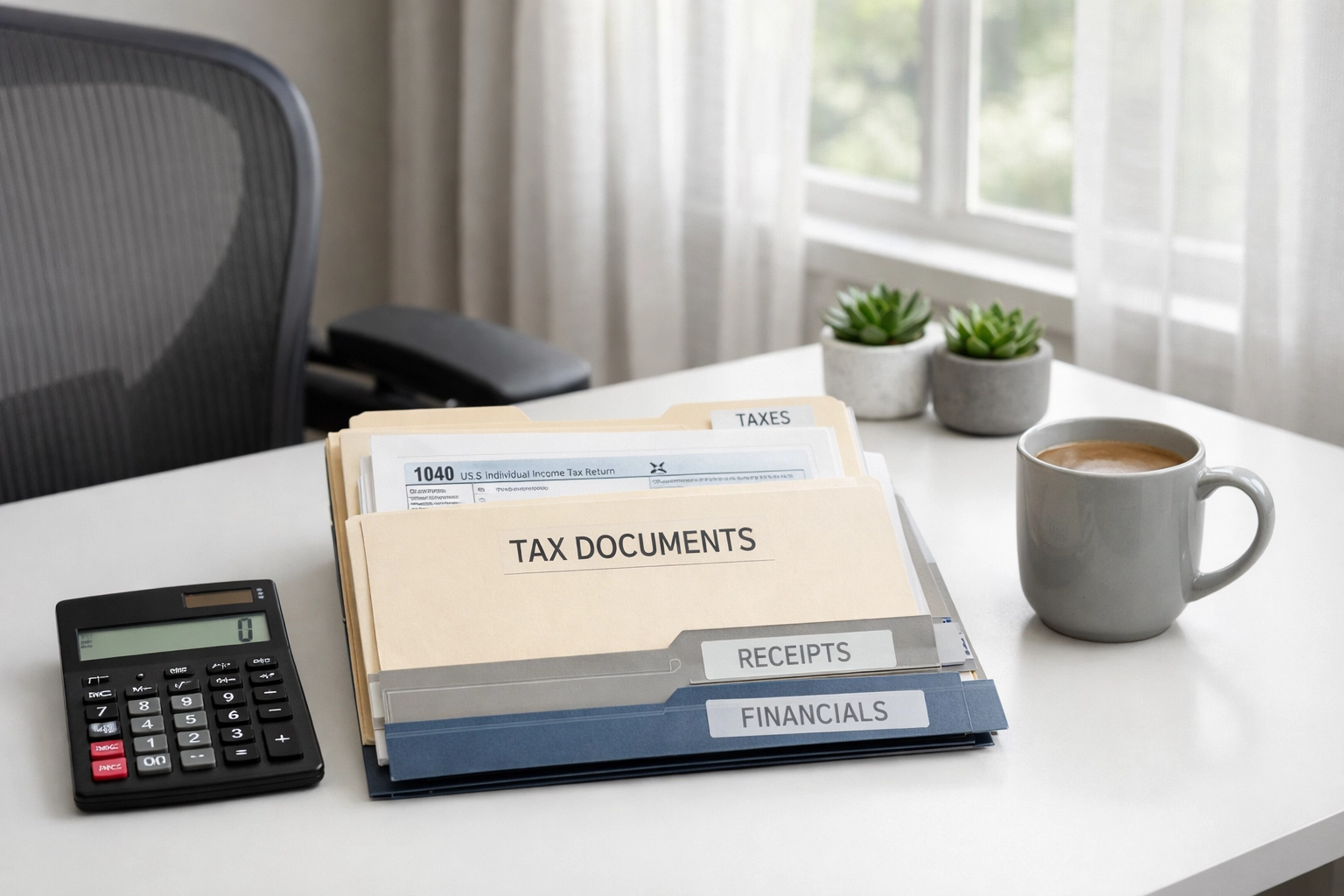 Tax documents and calculator for calculating itemized deductions and tax planning