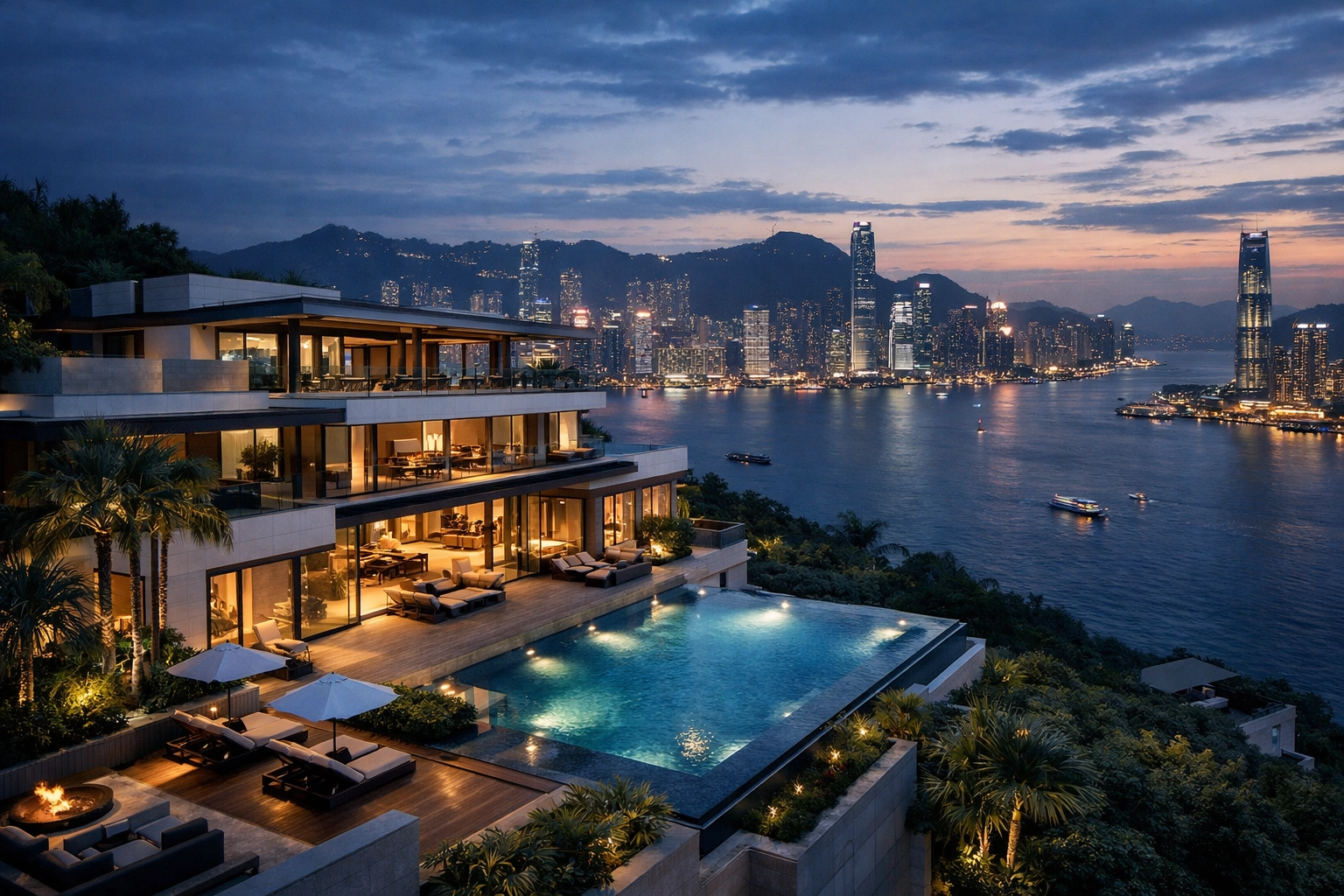 Luxury mansion in Hong Kong overlooking the skyline, highlighting a major corporate news india story.