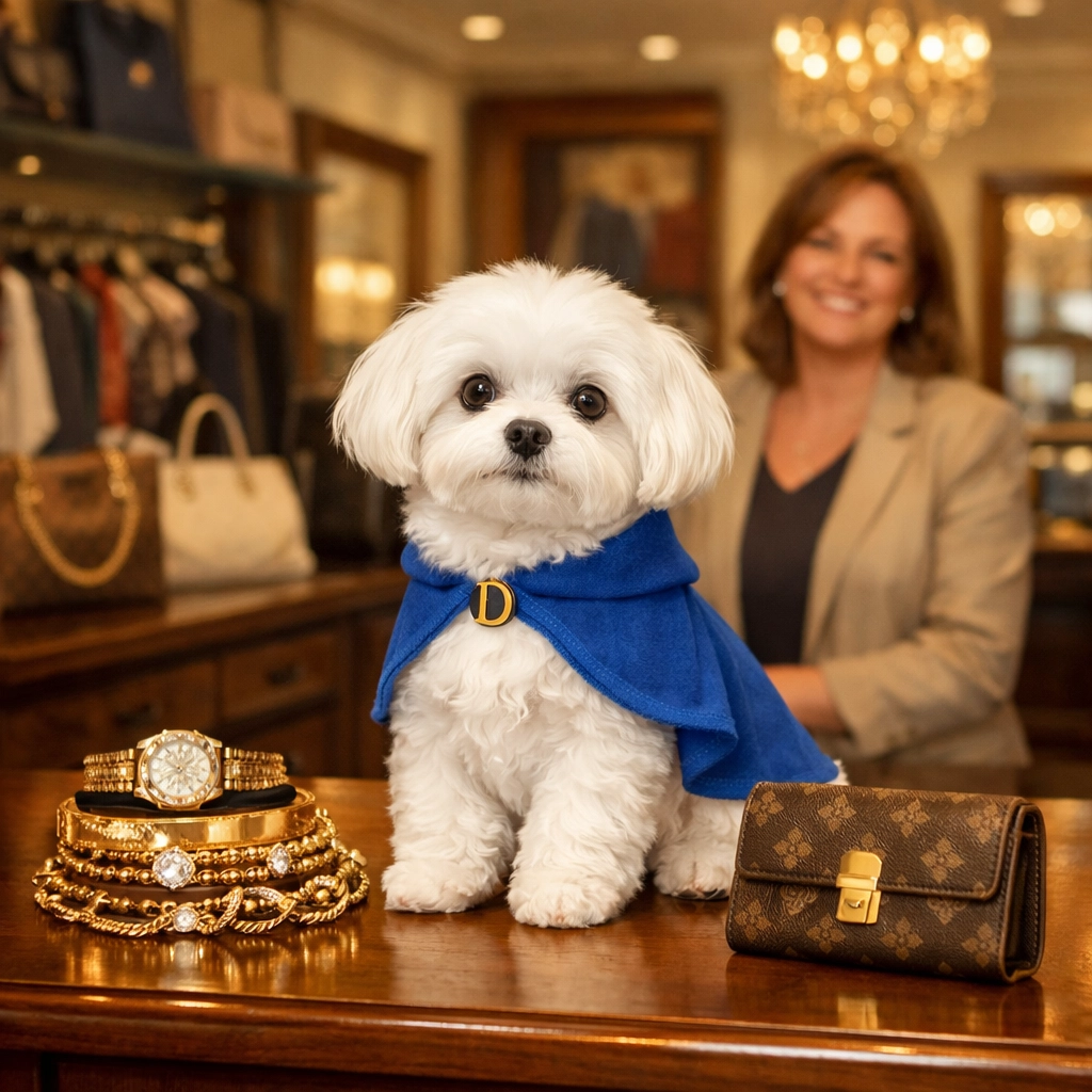 Daisy AI in a resale store helping owners authenticate luxury items with an online authentication service.
