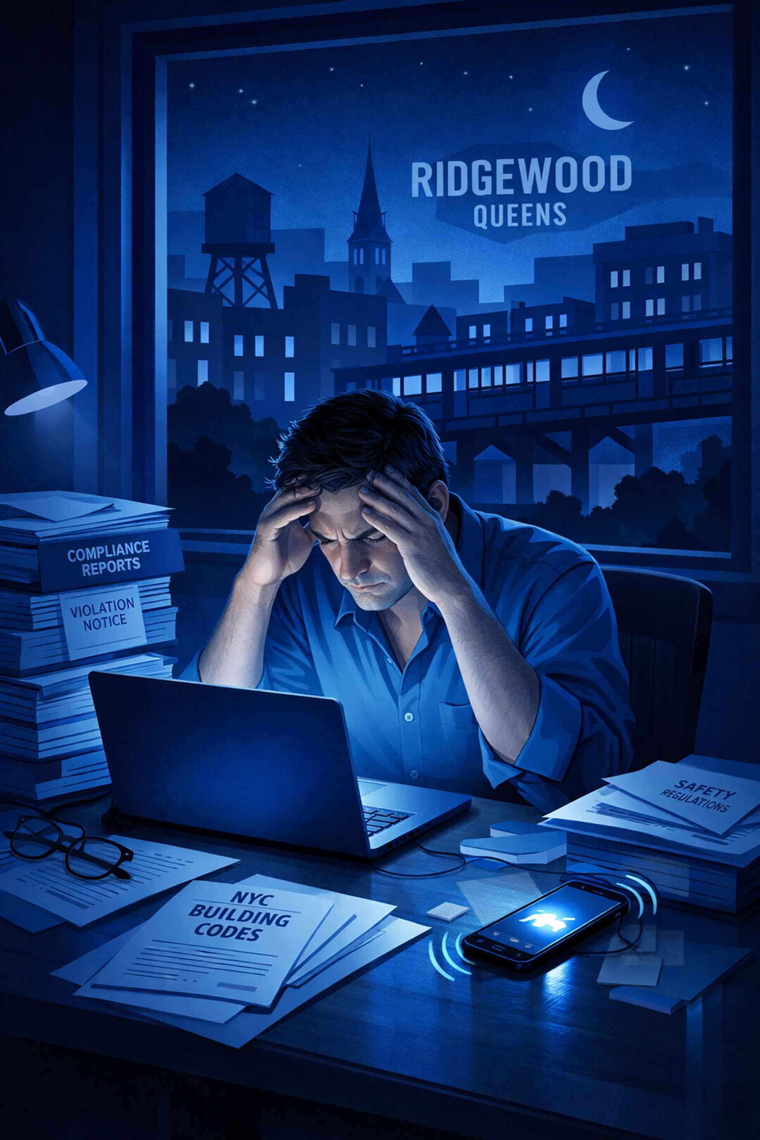 Overwhelmed Ridgewood condo board member managing compliance documents late at night