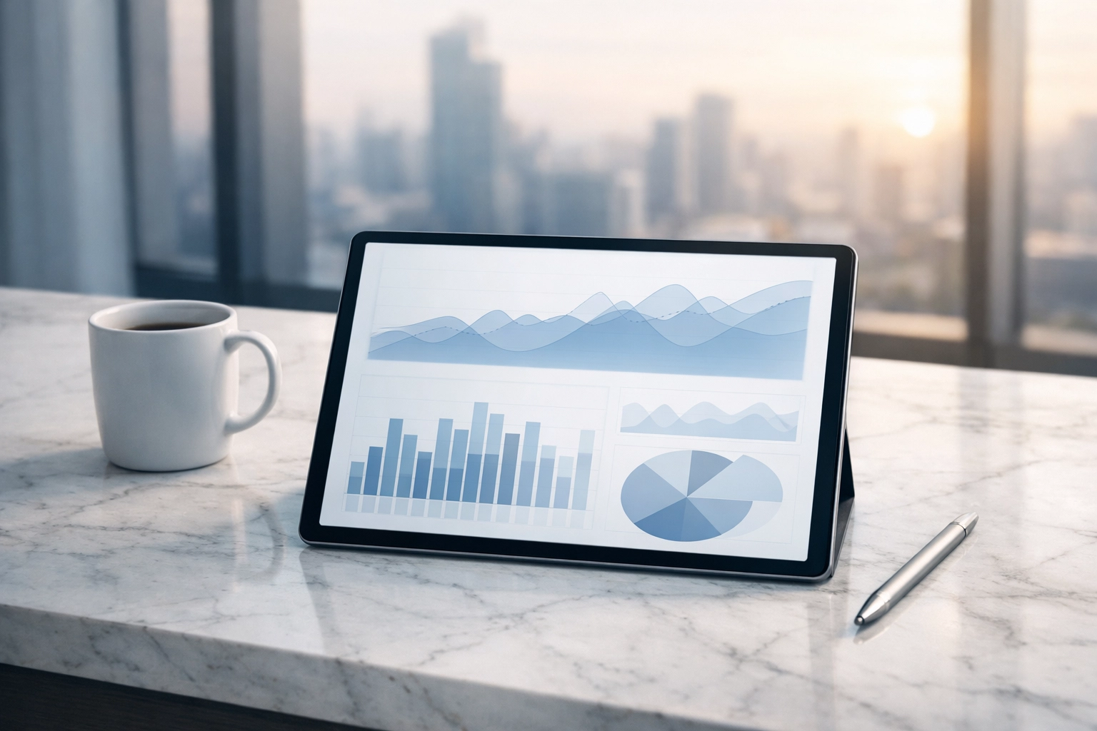 Modern office desk with a financial dashboard on a tablet representing efficient outsourced CFO services and AI productivity.