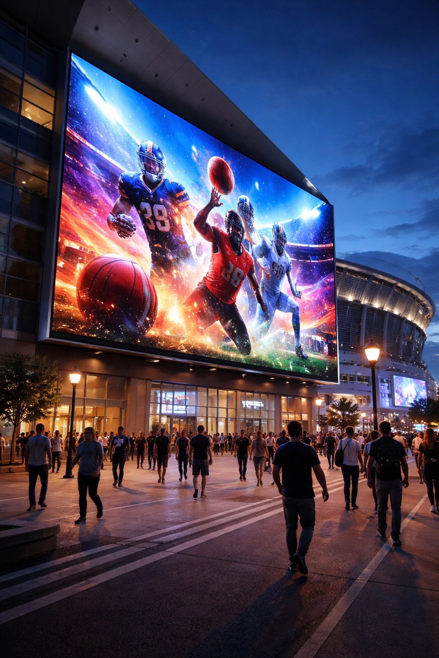 Large digital billboard in a sports district with stadium architecture, highlighting dynamic real-time advertising.