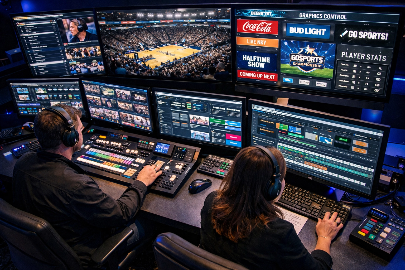 Sports venue control room managing media assets and digital signage content in real-time