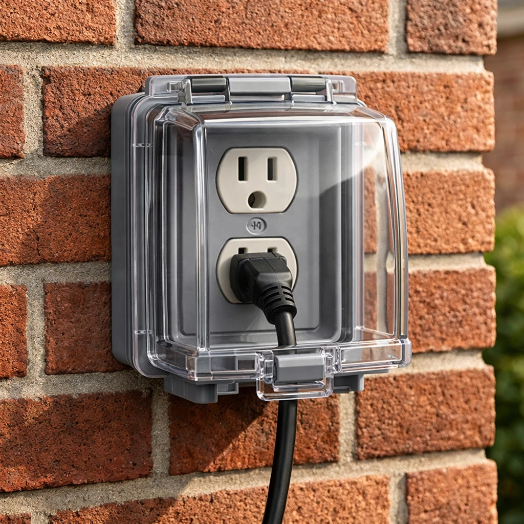 Weather-resistant outdoor electrical outlet installed on a brick wall by electricians in Marietta GA.