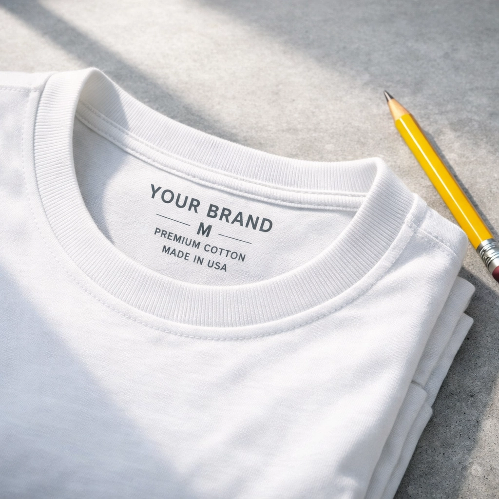 Custom charcoal-grey printed neck label on a premium white cotton t-shirt.