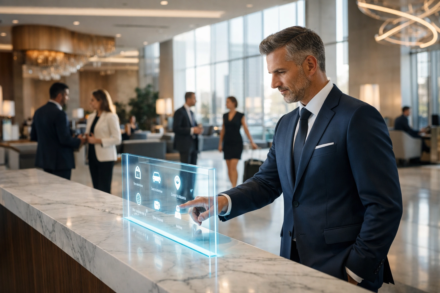 Executive using a high-tech concierge interface for seamless Super Bowl corporate hospitality logistics.