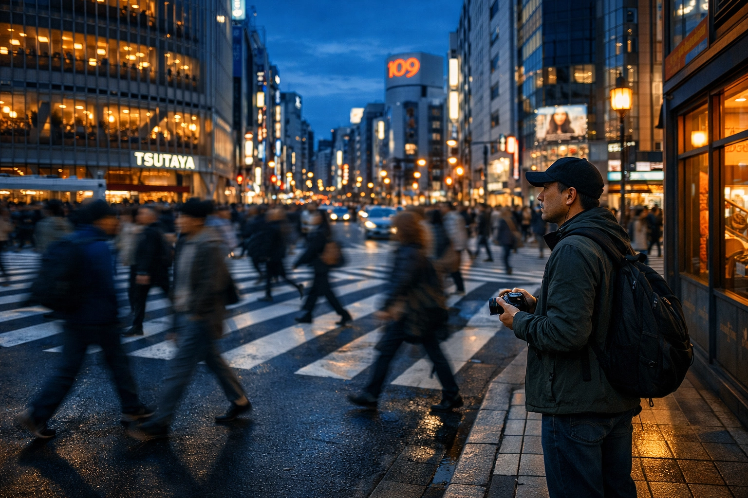 A discreet street photographer standing in a busy city crosswalk at twilight to capture authentic urban life.