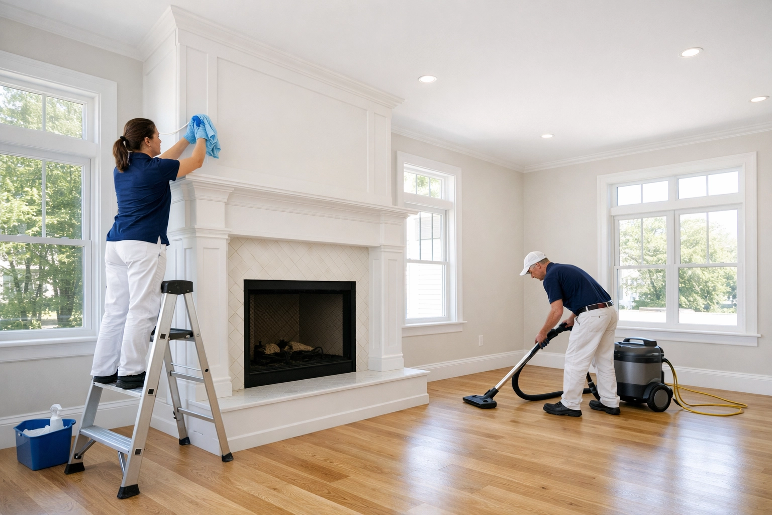 Professional cleaners performing post construction cleaning Hudson in a newly renovated living room.