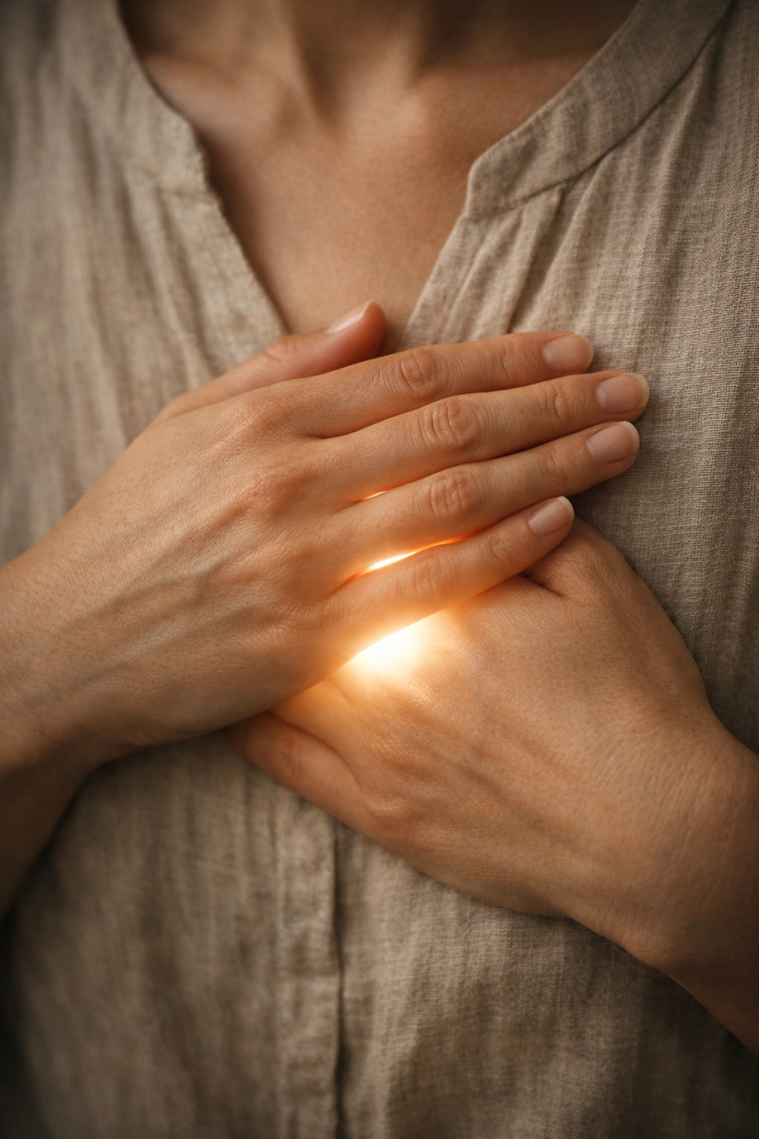 Hands resting over the heart with a warm glow representing holistic healing and emotional release.