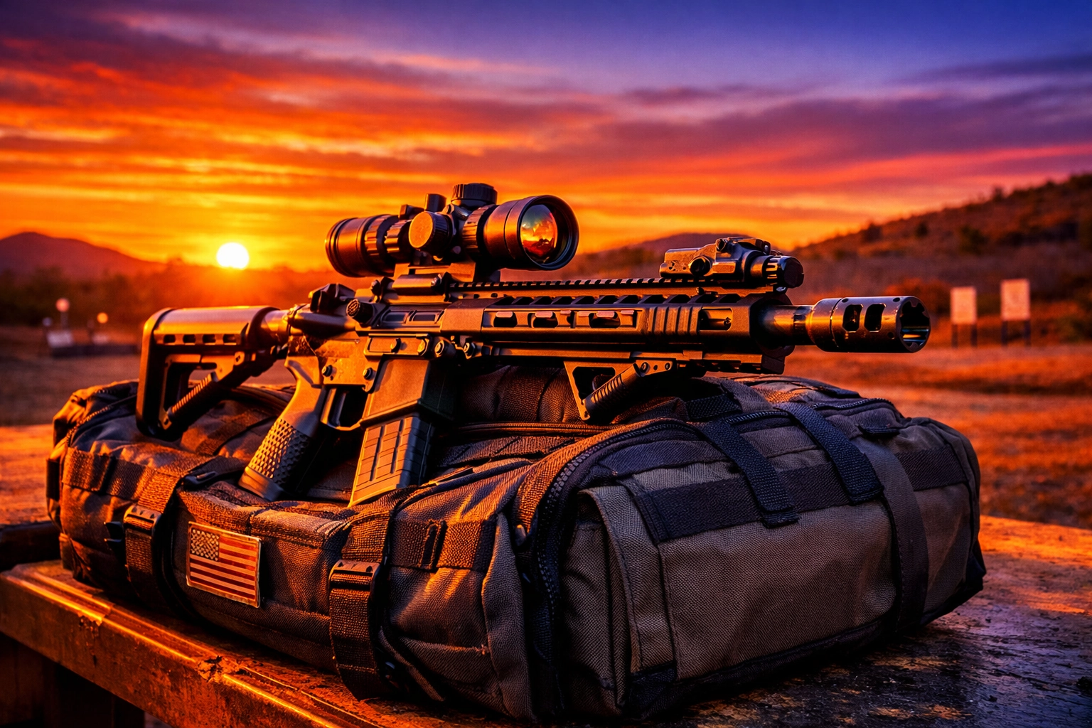 Custom-built AR-15 rifle with an upgraded muzzle brake resting on a range bag at an outdoor facility.