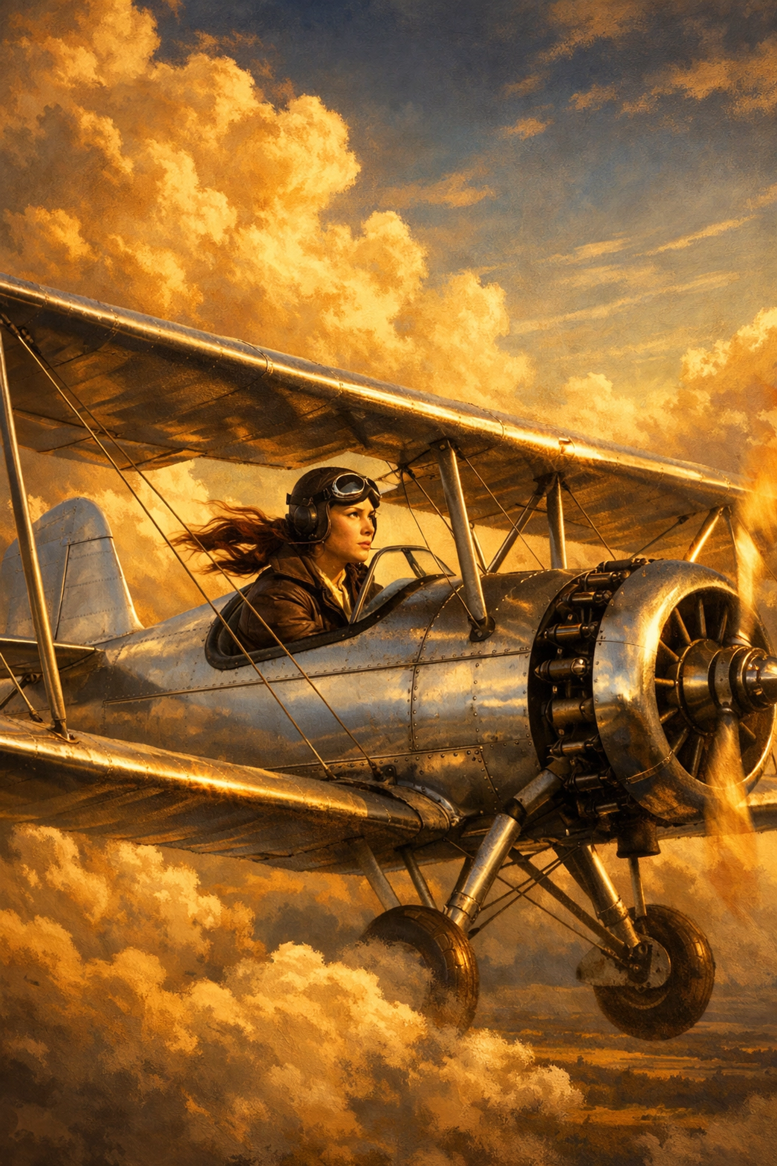 Female aviator in 1930s biplane soaring through clouds in Great Circle historical queer fiction