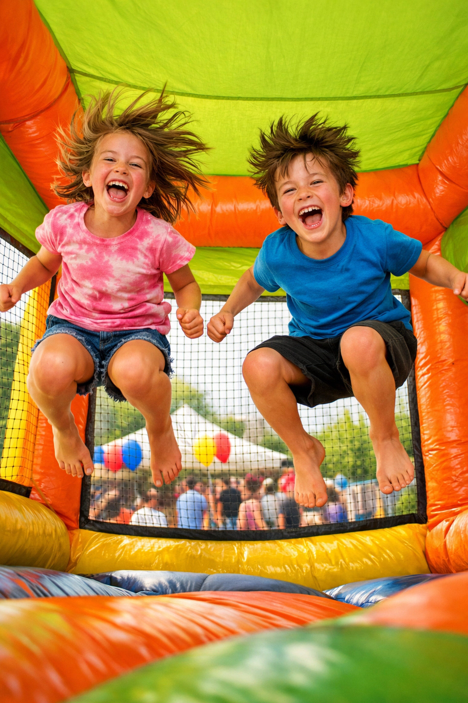 Kids jumping and laughing inside a bright bounce house during a Vancouver Island party.