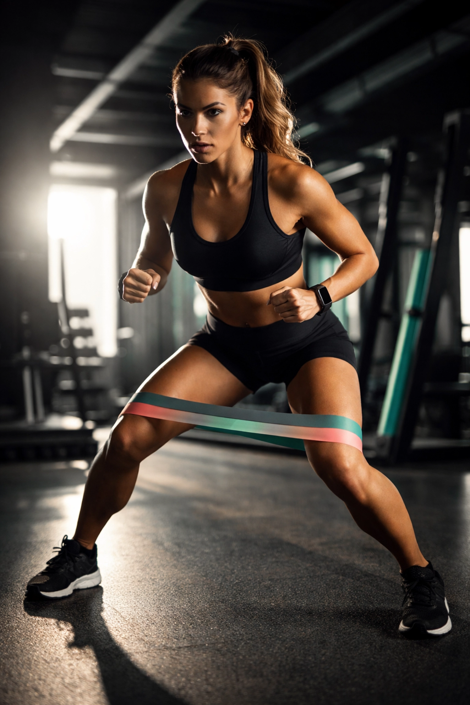 Woman performing monster walk with resistance band in gym, highlighting glute activation and booty workouts near me