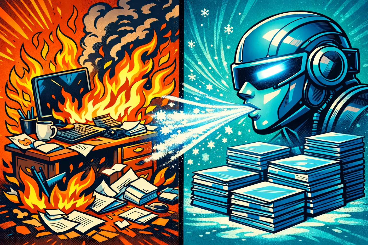 An AI virtual assistant for business organizing a chaotic desk and streamlining office operations.