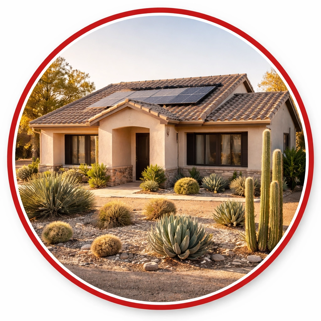 Arizona home with pigeon-free tile roof and screened solar panels after professional pigeon removal.
