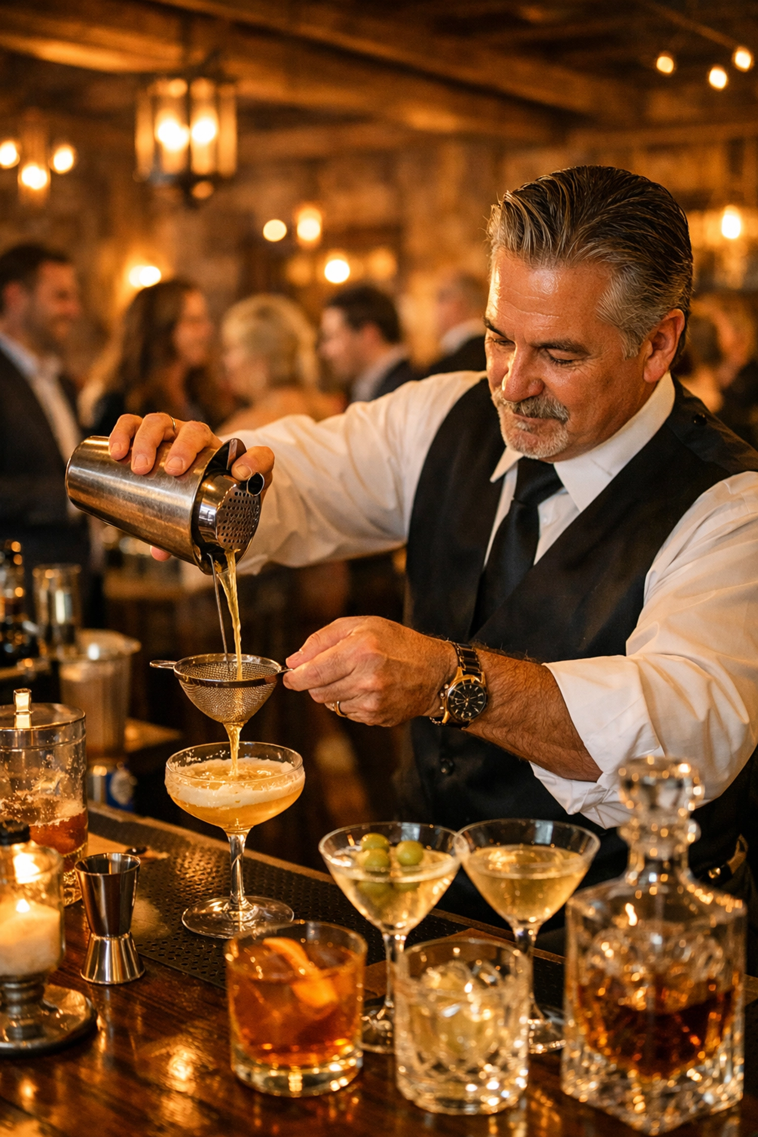 Professional bartender crafting cocktails at upscale event with elegant glassware