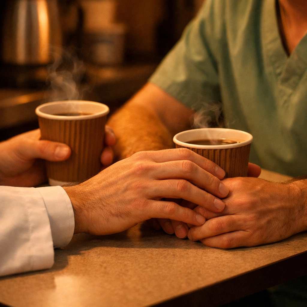 Quiet intimacy in MM romance as a gay doctor and nurse touch hands over coffee in a hospital breakroom.
