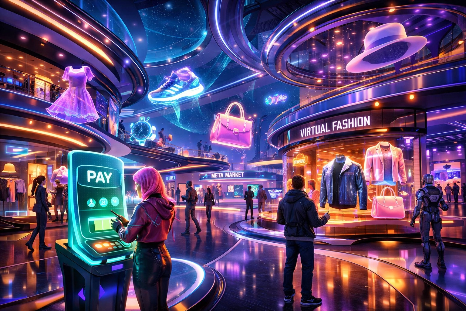 Virtual shopping mall with avatars browsing metaverse storefronts and digital products