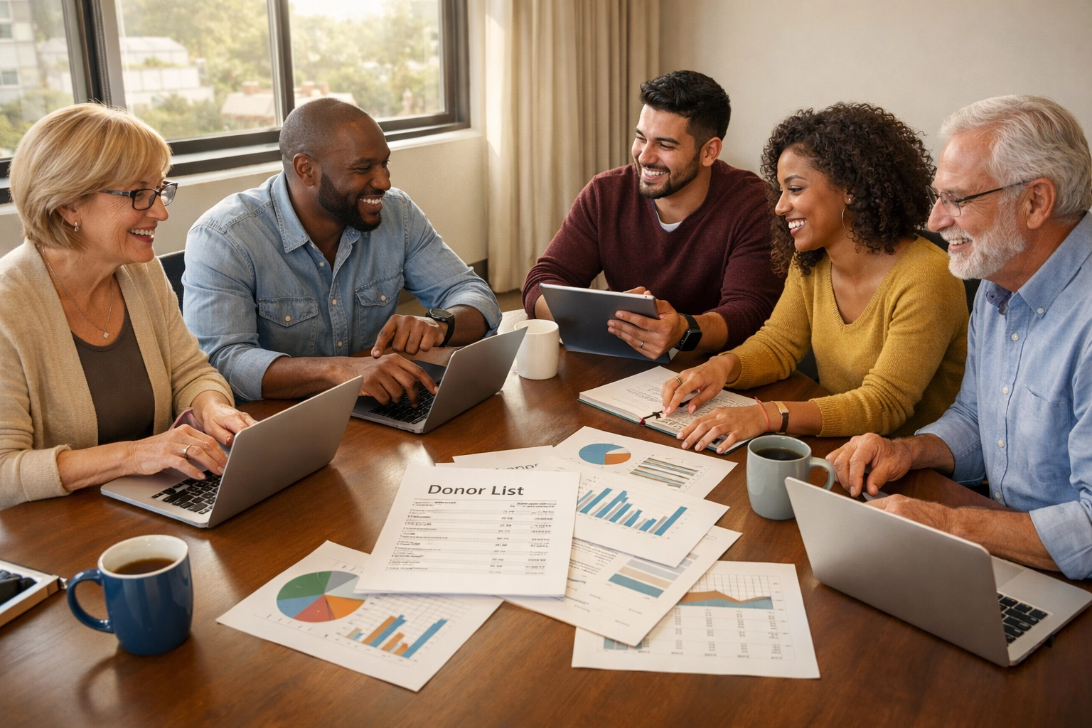 Nonprofit team collaborating on integrated planned giving marketing strategy at conference table