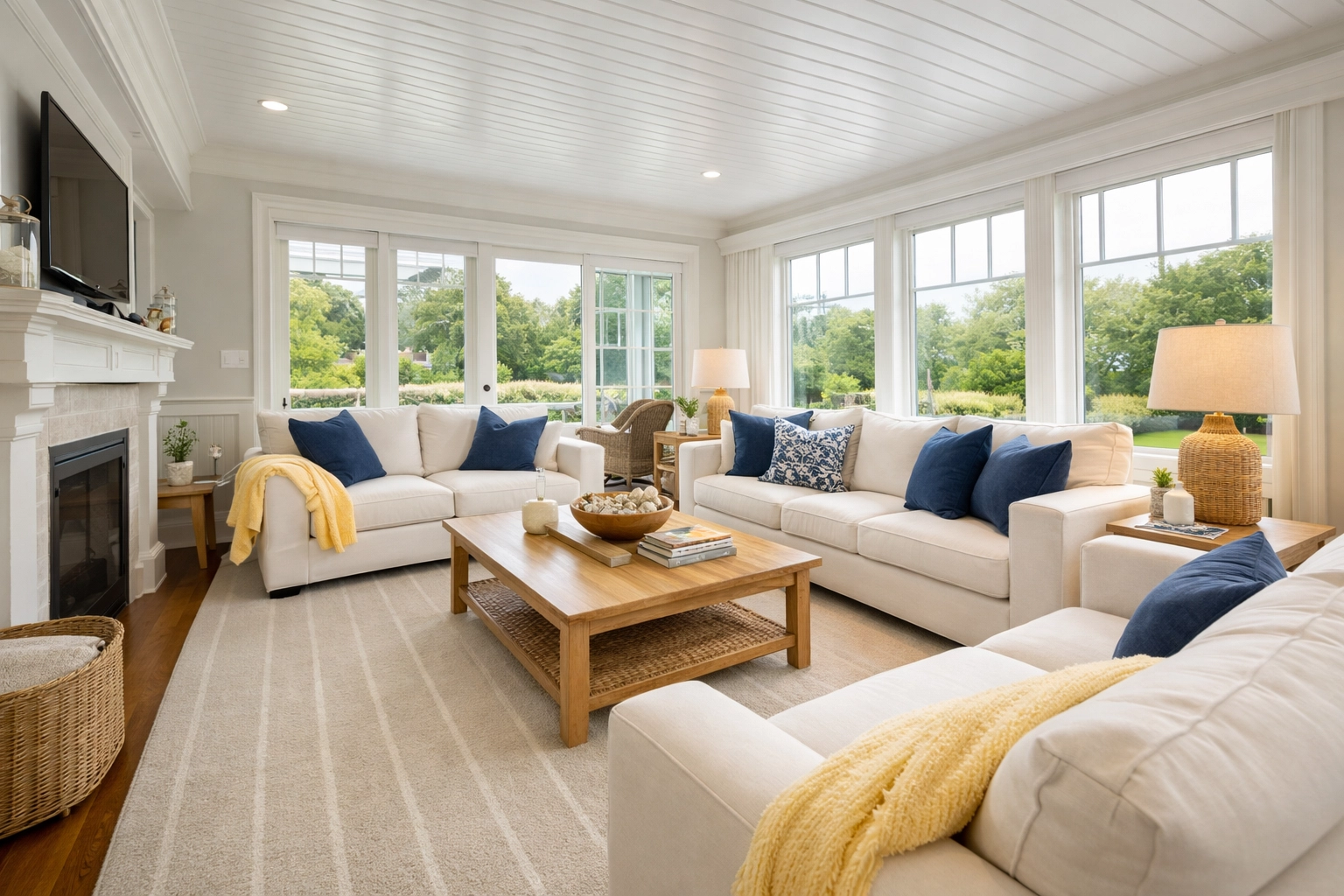 A spotless South Dennis living room with fresh vacuum lines from a bi-weekly house cleaning service.