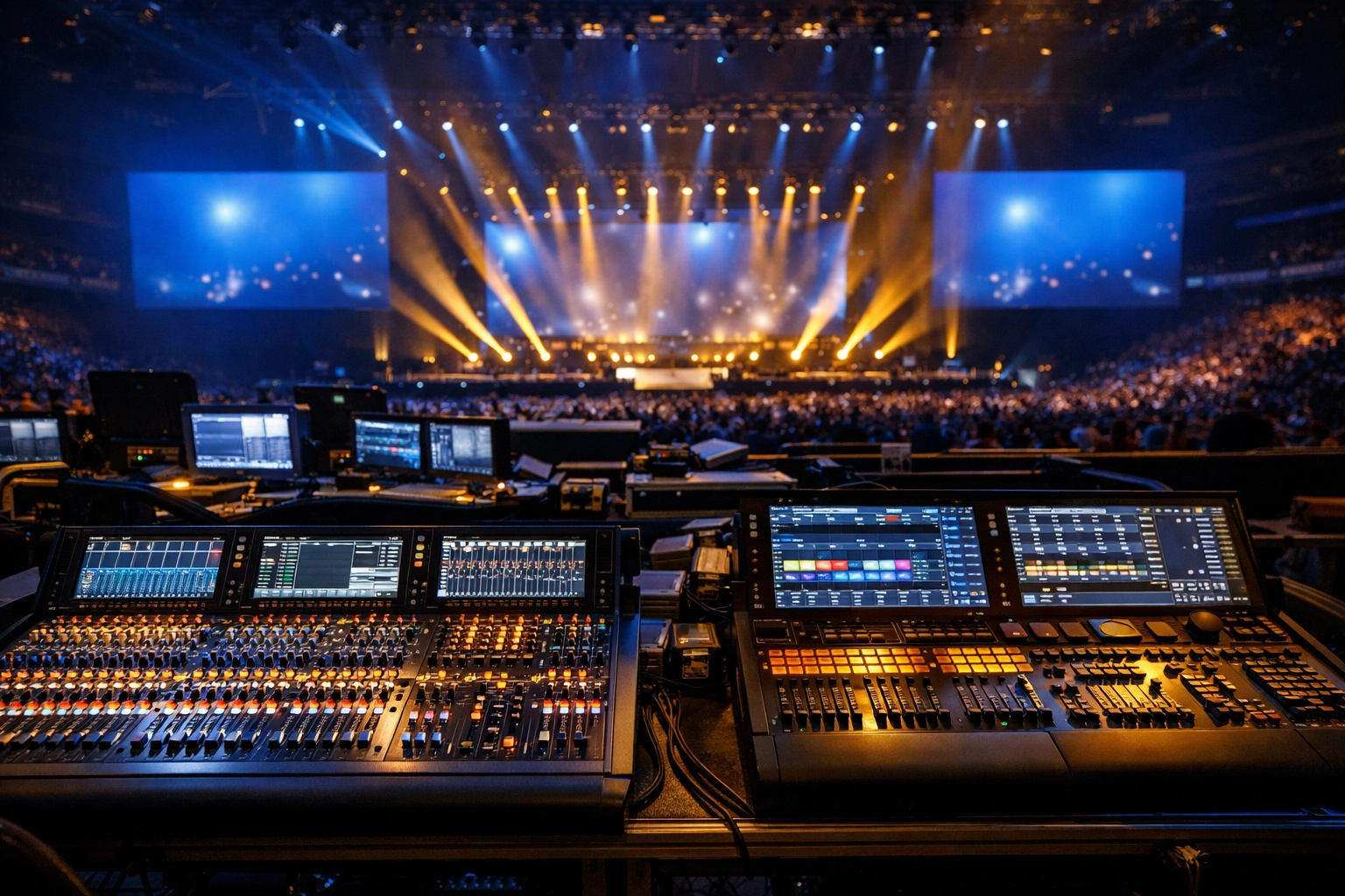Dakdan Worldwide technical command center managing audio and lighting for large-scale event excellence.