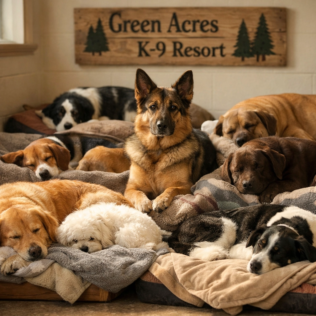 Dogs resting comfortably on premium bedding at holistic dog boarding facility in Boring Oregon