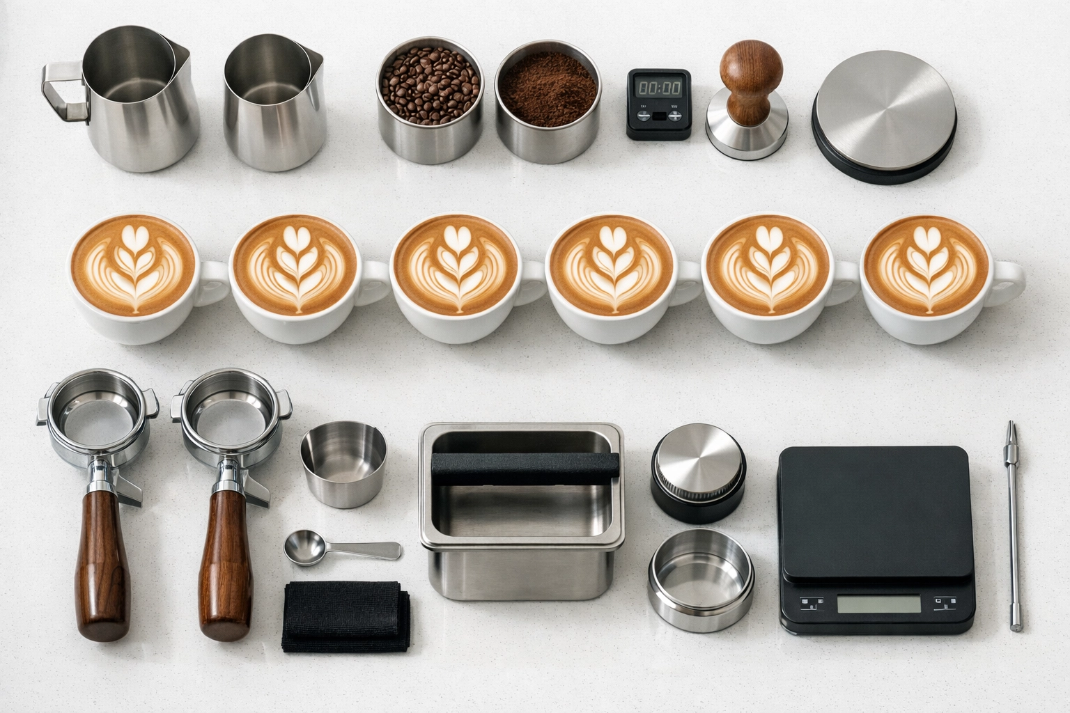 Organized coffee bar showing consistent cappuccinos with matching latte art and clean workspace