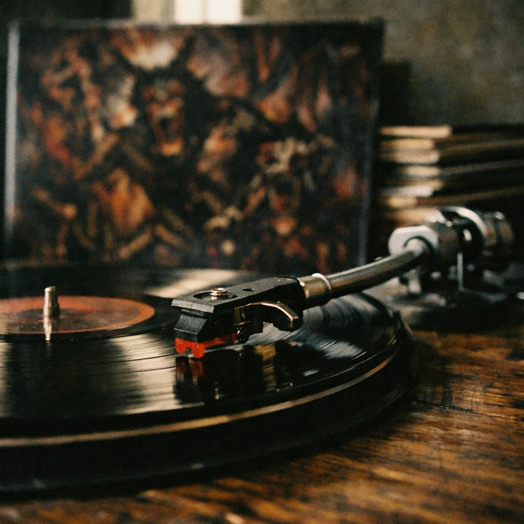 Close-up of a vinyl record needle playing a classic thrash metal album on a turntable at Nivessa.