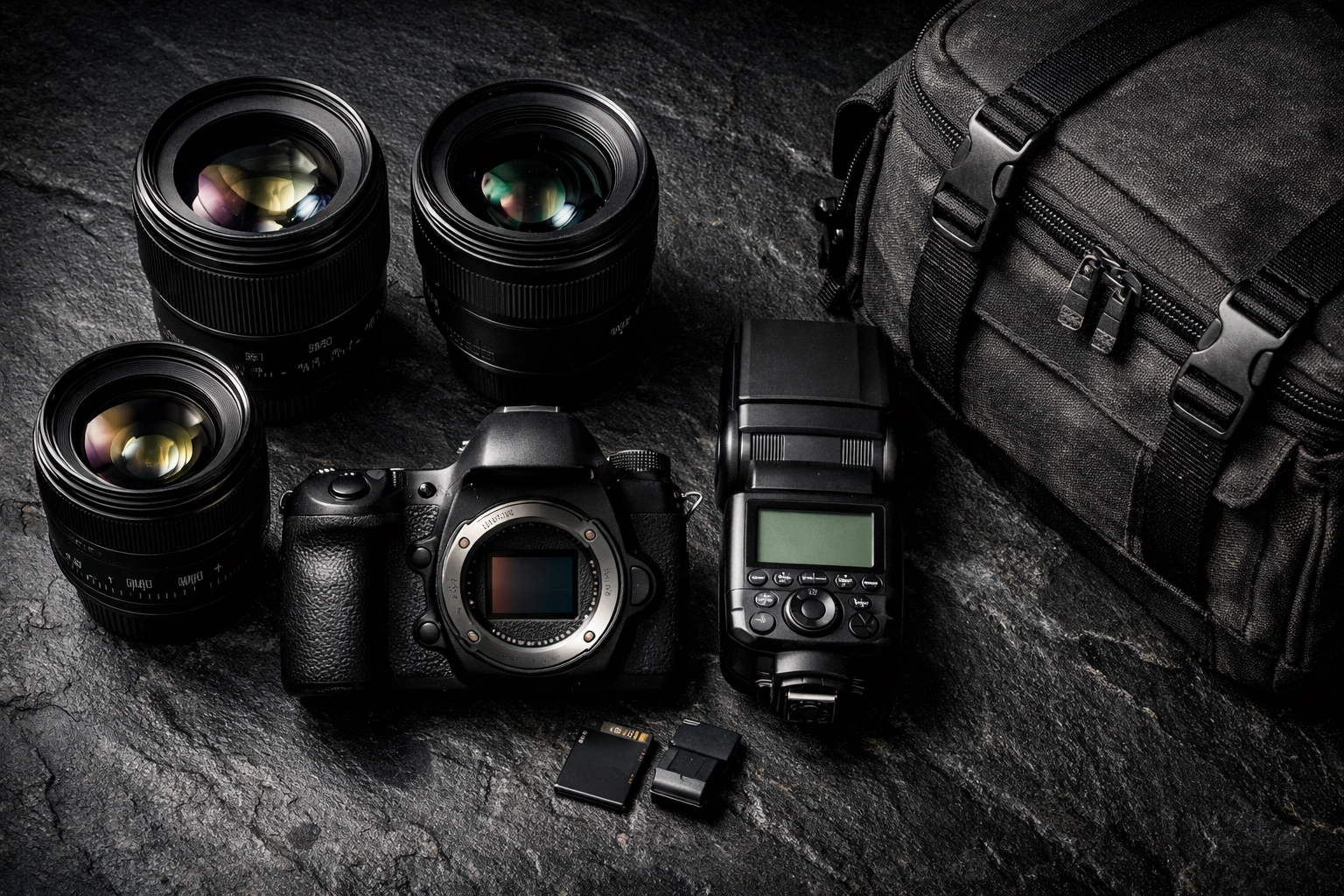 High-end professional photography equipment and lenses laid out for a successful shoot.