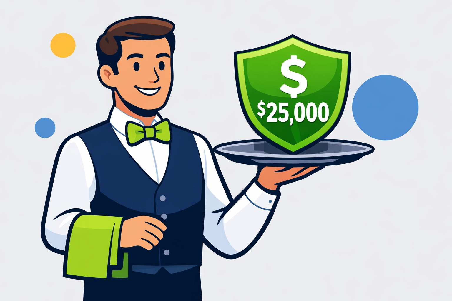 Illustration of a server with a shield representing the $25,000 tax deduction for tipped workers.