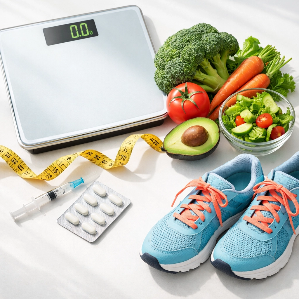 Weight loss tools including scale, healthy vegetables, and exercise shoes