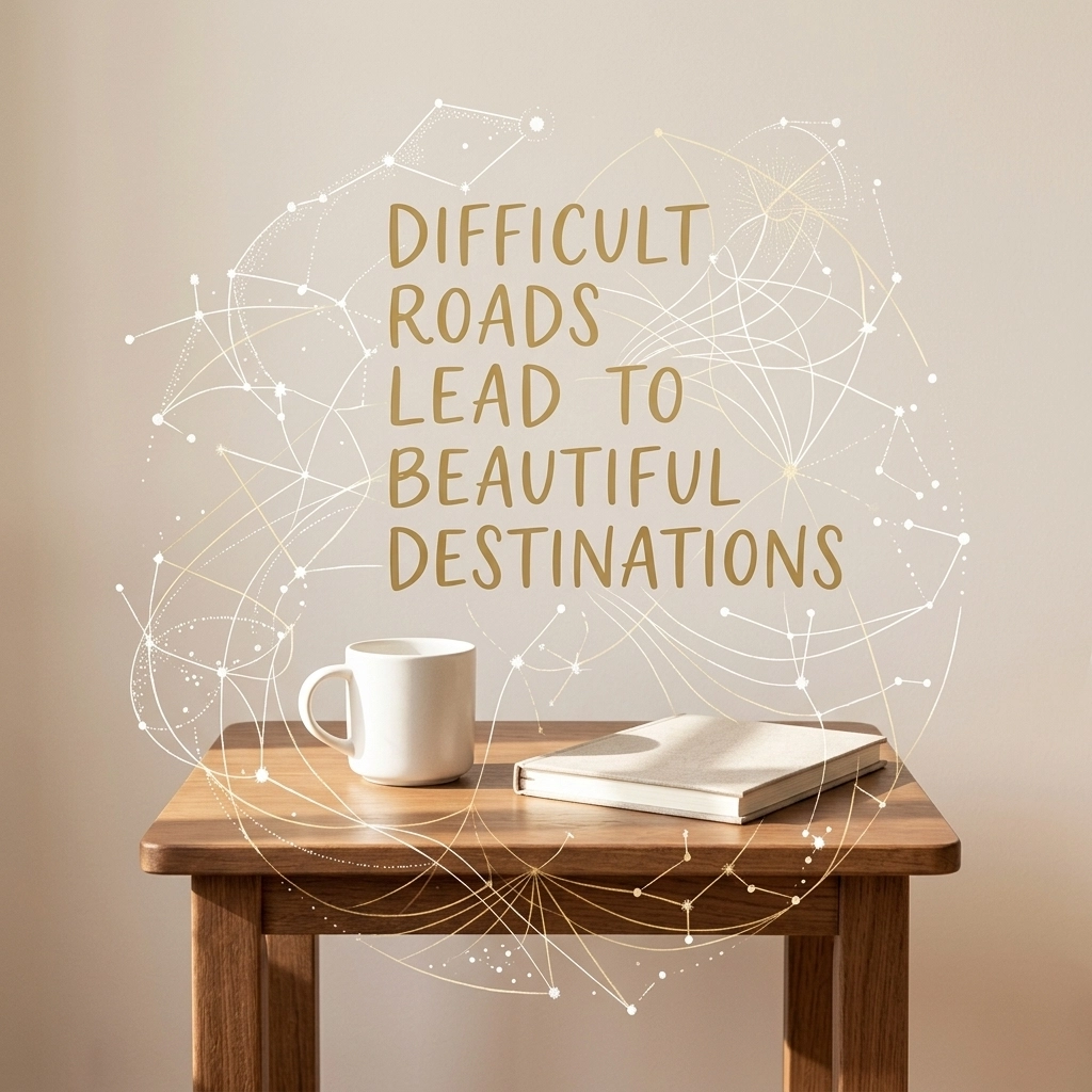 A minimalist interior scene with a notebook and a mug, featuring delicate energy node overlays.