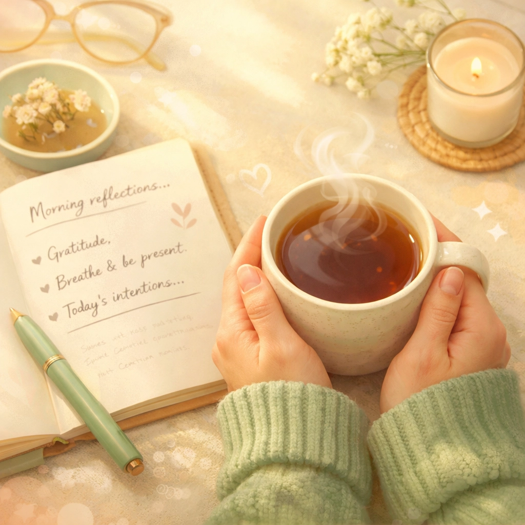 Hands holding warm tea with journal representing self-care and coping with anxiety