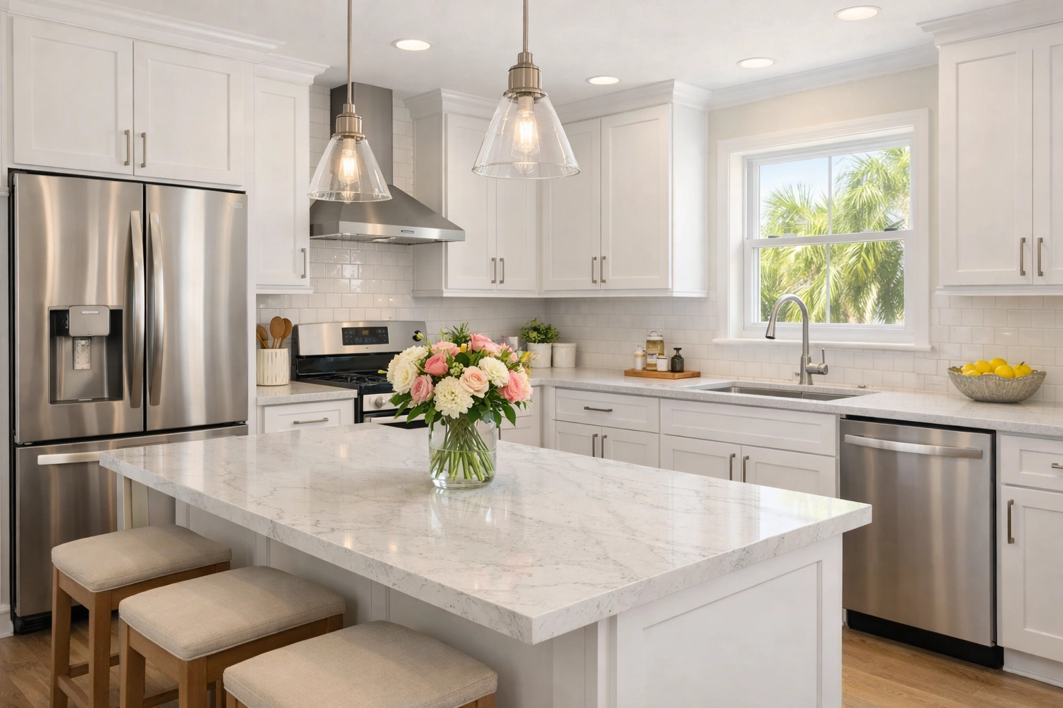 Modern kitchen remodel in Orlando with white cabinets and quartz countertops