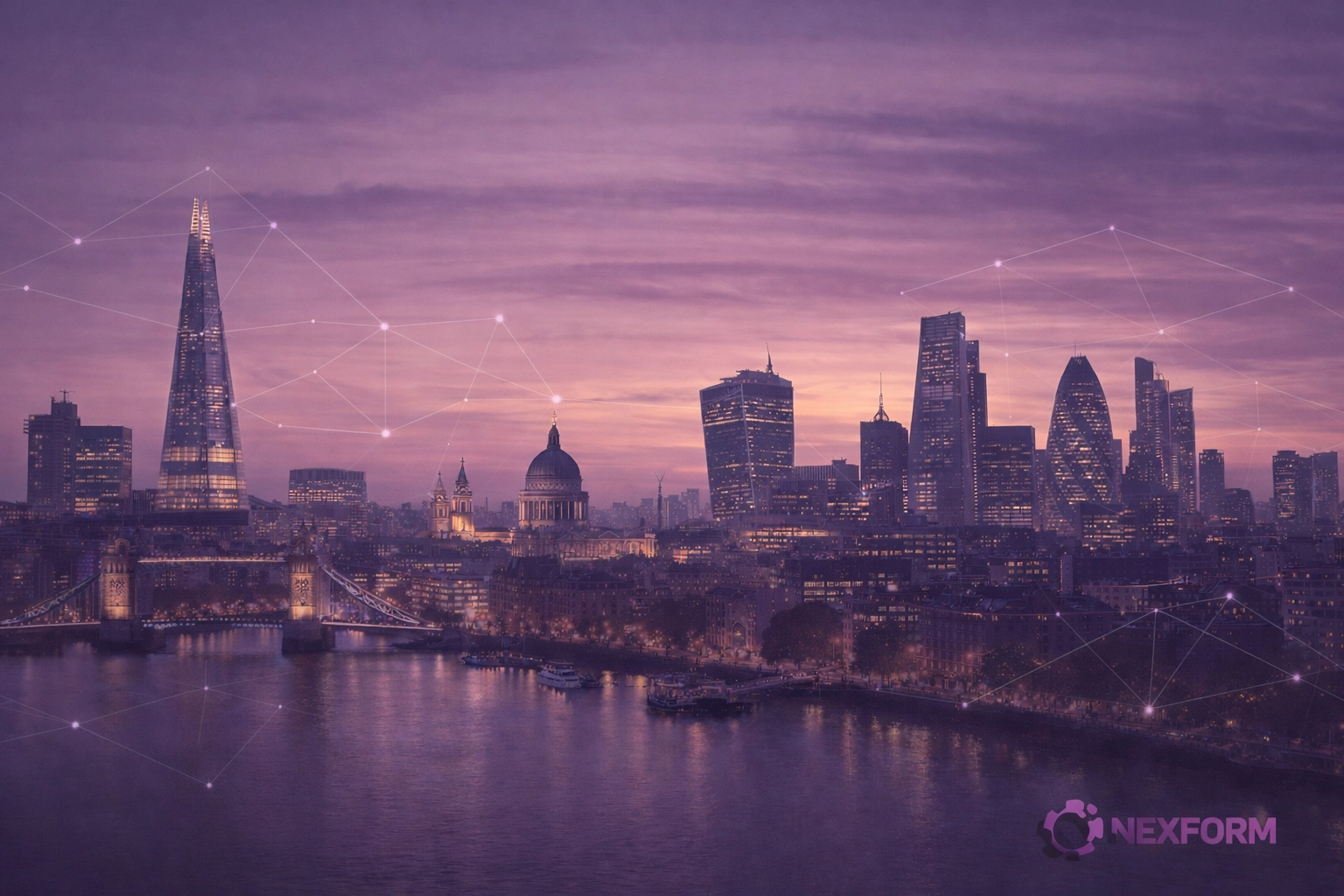 Modern city skyline at dusk representing the future of real estate data and AI-connected networks.