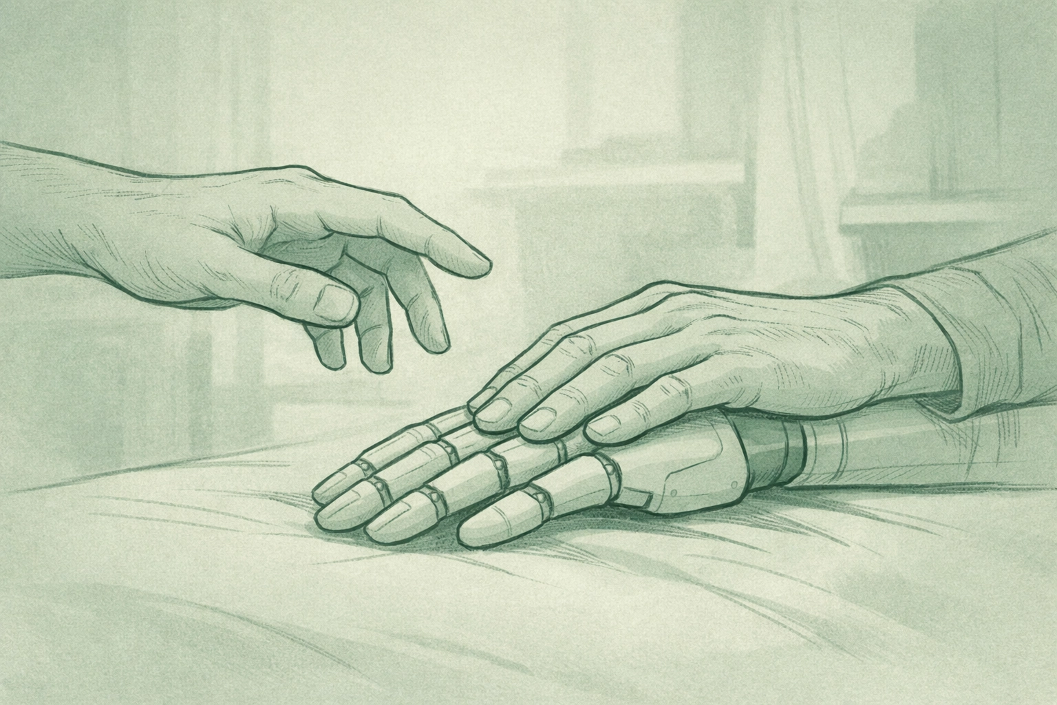 Hands reaching toward synthetic companion showing vulnerability in gay relationships