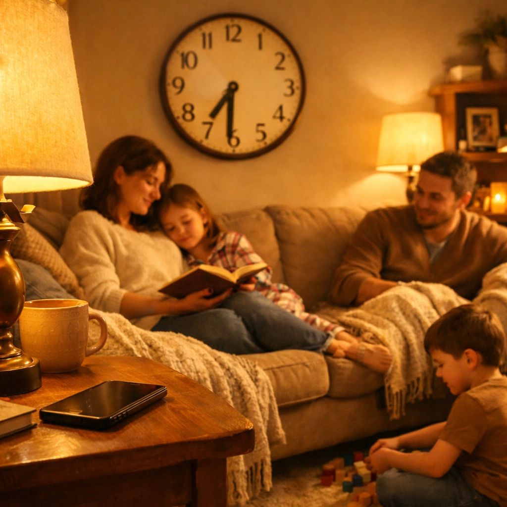 Cozy evening family room with phone set aside showing healthy news boundaries