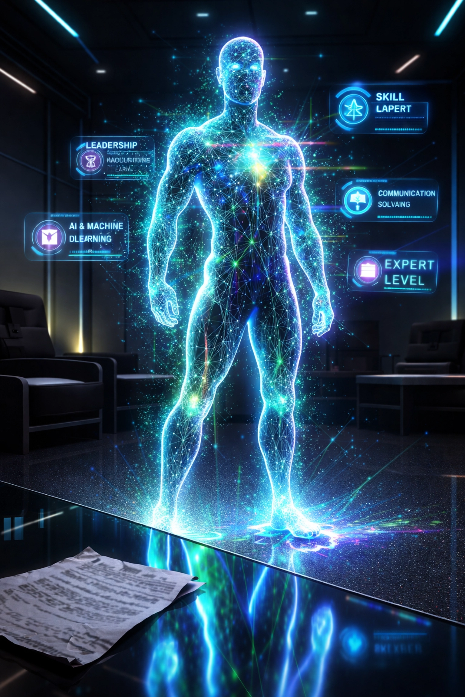 AI-powered candidate glowing with skill icons contrasts with outdated resume, representing intelligent automation in hiring