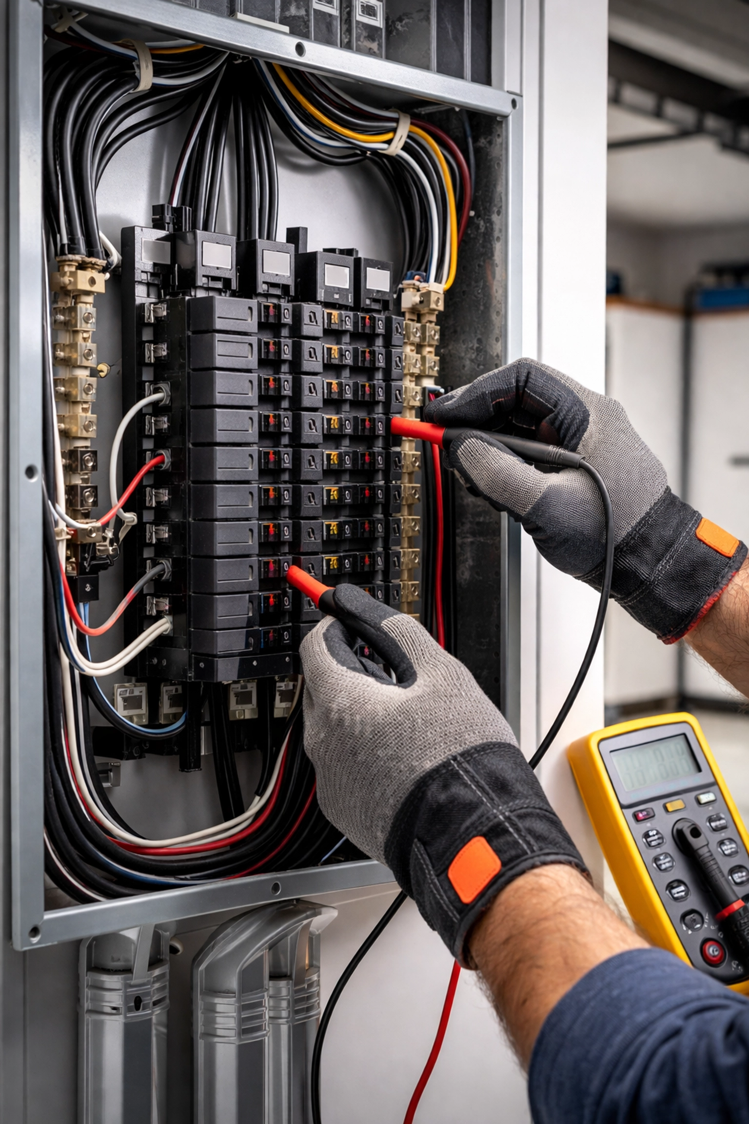 Licensed electrician inspecting electrical panel for EV charger installation compliance