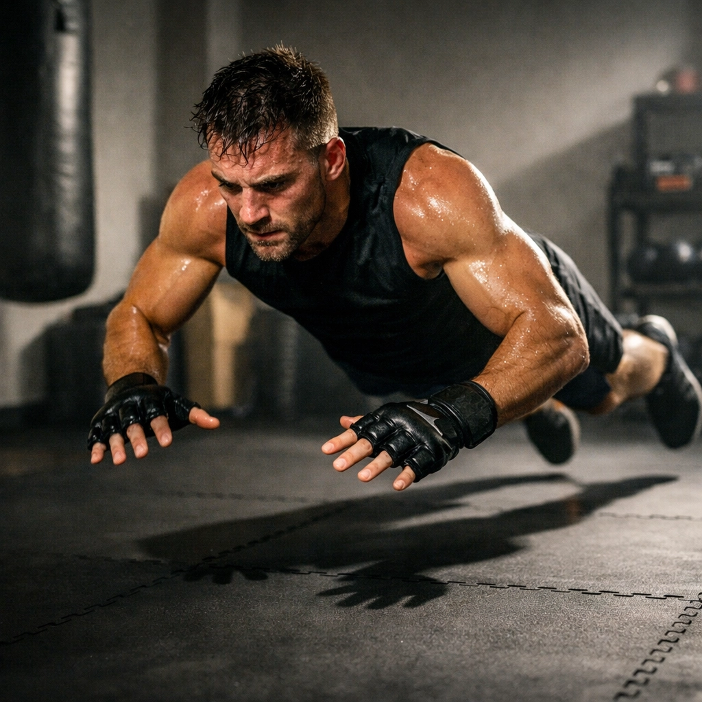 MMA fighter performing explosive pushups in dedicated home training space